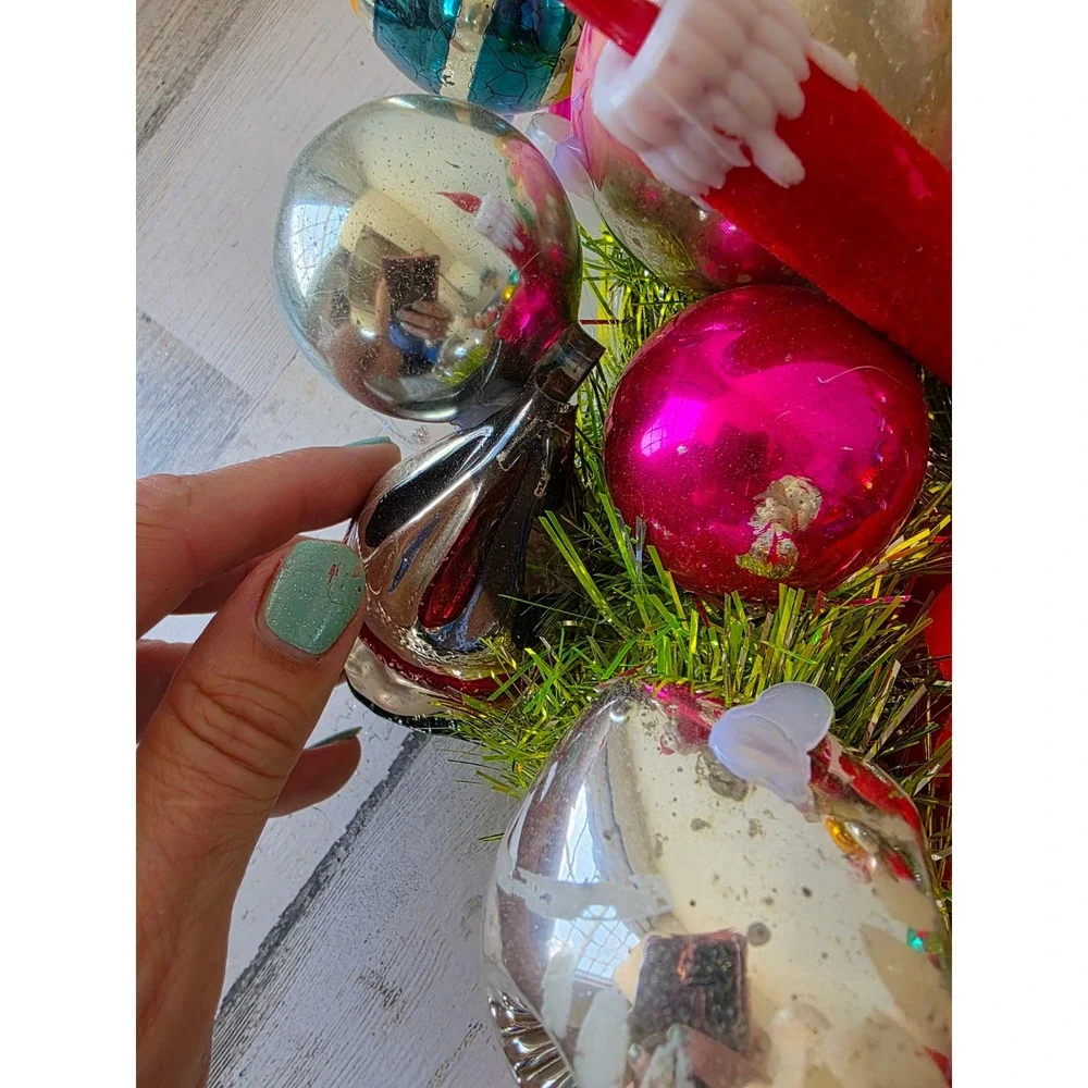 Antique vintage glass ornament wreath pixie knee hugger Santa Xmas hanging decor